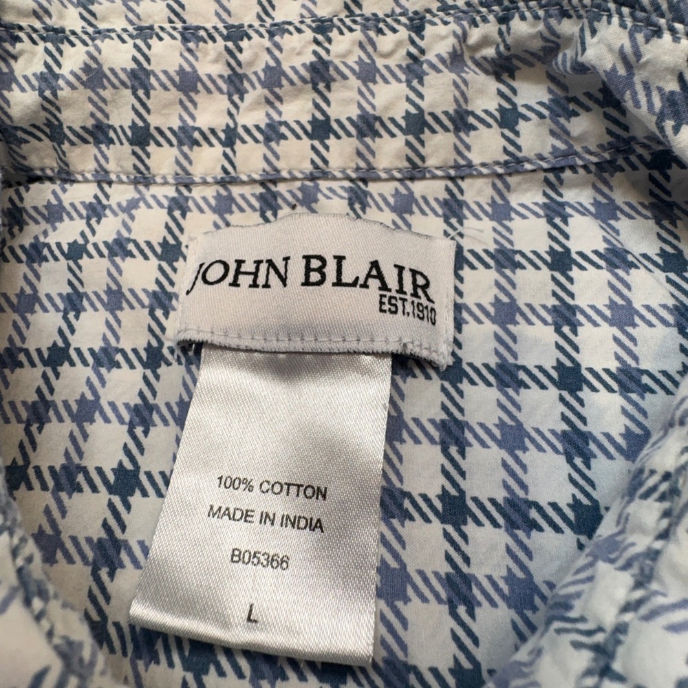 John Blair Mens L Short Sleeve Shirt Blue White Plaid Cotton Classic Button Down